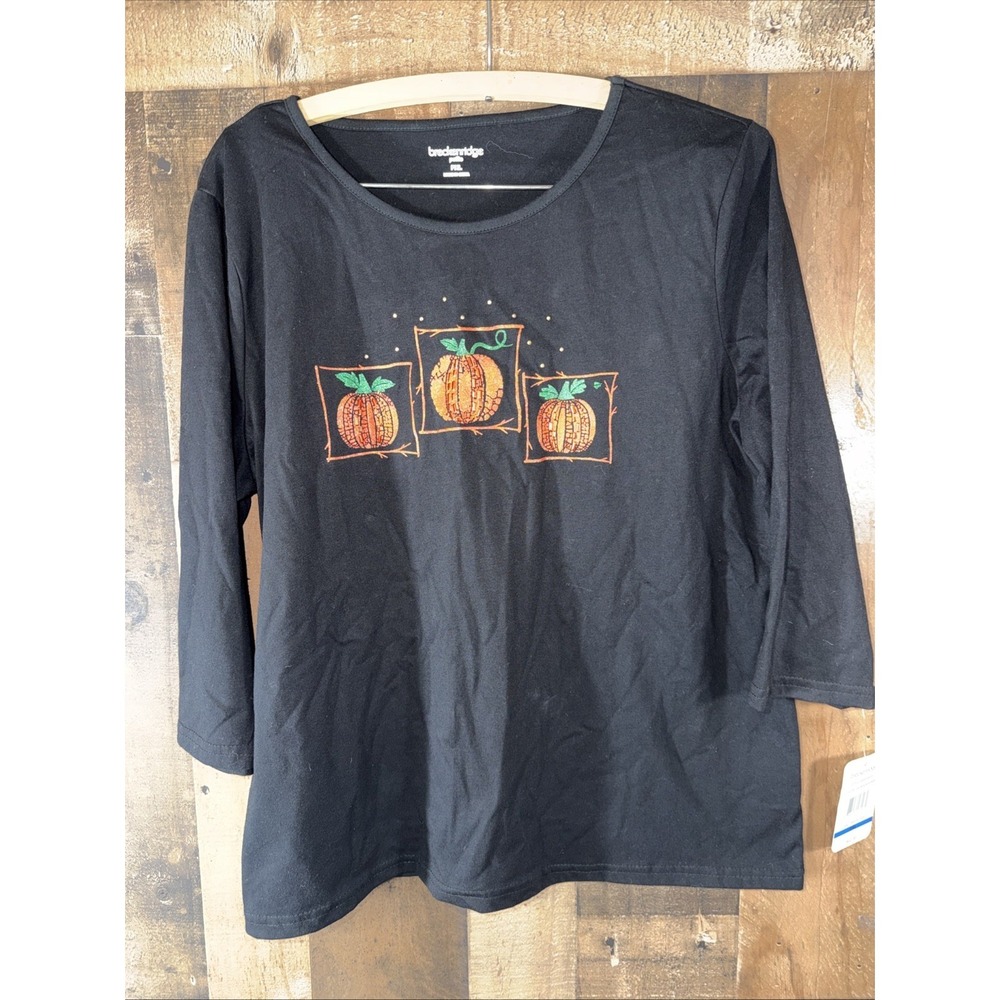 Breckenridge Black Halloween Rhinestone Pumpkin Fall T-Shirt Women's Size PXL